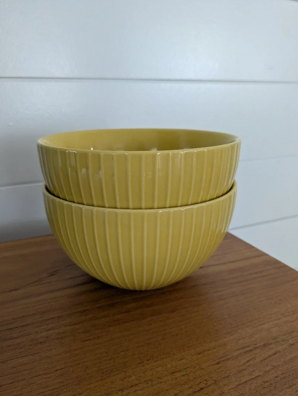 West Elm Bright Yellow Ribbed Ceramic Cereal Soup Serving Bowls - Set of 2